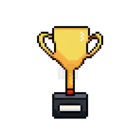 Golden trophy champion cup. Pixel art retro vintage video game bit vector illustration. Simple flat cartoon art styled drawing isolated on square background.