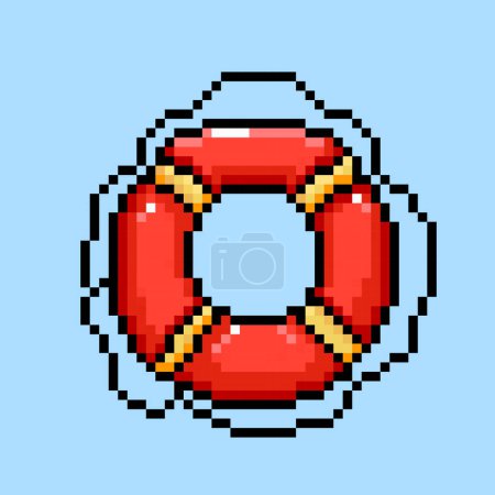 Red and yellow ring buoy tire float. Ban renang. Pixel art retro vintage video game bit vector illustration. Simple flat cartoon art styled drawing isolated on square background.