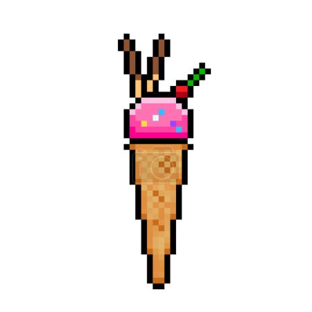 Strawberry ice cream cone with cherry, sprinkles, and chocolate biscuit sticks. Frozen summer food. Pixel art retro vintage video game bit vector illustration.Simple flat cartoon art styled drawing.
