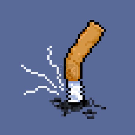 Éteignez la cigarette avec des cendres et de la fumée. Illustration vectorielle de bit de jeu vidéo vintage Pixel art rétro. Simple dessin dessin dessin animé plat style isolé sur fond carré bleu foncé.