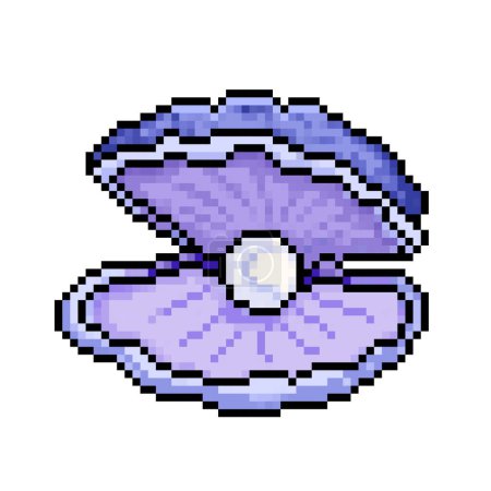 Opened purplish blue or blueish purple clam with pearl inside. Pixel art retro vintage video game bit vector illustration. Simple flat cartoon art styled drawing isolated on square background.