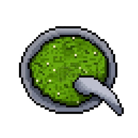 Grounded green chili or sambal uleg cabe ijo in stone mortar or ulekan tools. Pixel art retro vintage video game bit vector illustration. Simple flat cartoon art styled drawing.