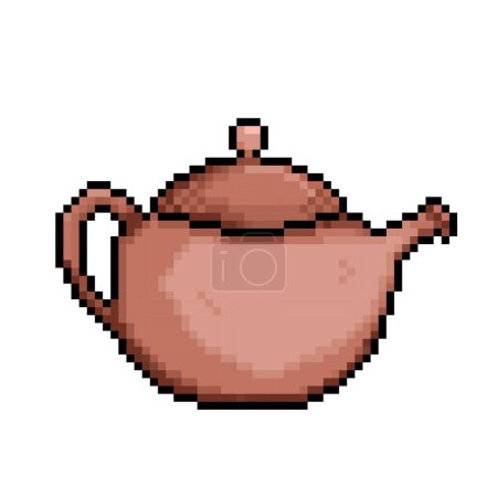 Ceramic traditional chinese or japanese tea pot. Pixel art retro vintage video game bit vector illustration. Simple flat cartoon art styled drawing isolated on square background.