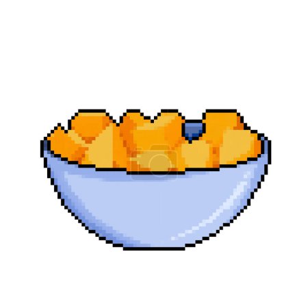 Bowl of sliced mangoes fruit or pumpkin. Pixel art retro vintage video game bit vector illustration. Simple flat cartoon art styled drawing isolated on square white background.