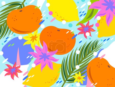 Téléchargez les photos : Été frais orange et citron agrumes plantes botaniques illustration vectorielle abstraite isolé sur fond bleu clair horizontal. Affichage, affiche, brochure ou dessin sur les médias sociaux colorés. - en image libre de droit