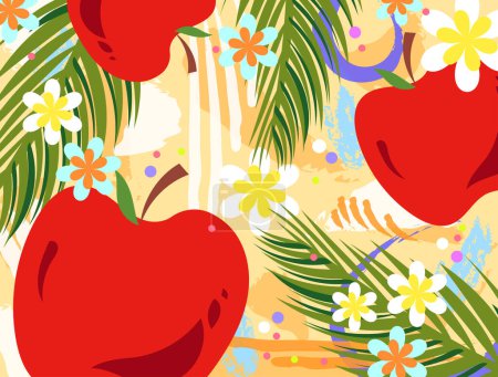 Summer fresh red apples, flowers, and palm leaves abstract vector illustration isolated on horizontal yellow background. Colorful social media post, poster, brochure, or card prints design.