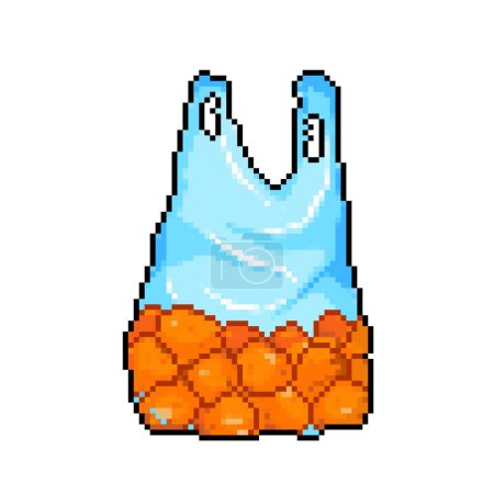 Orange fruits in clear transparent colored plastic bag. Pixel art retro vintage video game bit vector illustration. Simple flat drawing isolated on square white background.