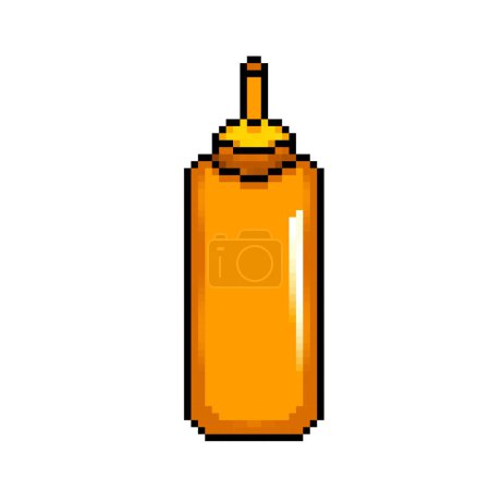 Yellow colored plastic fast food restaurant sauce bottle. Pixel art retro vintage video game bit vector illustration isolated on square white background.