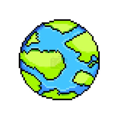 Planet earth with green lands and blue sea water colors. Pixel art retro vintage video game bit vector illustration isolated on square white background.