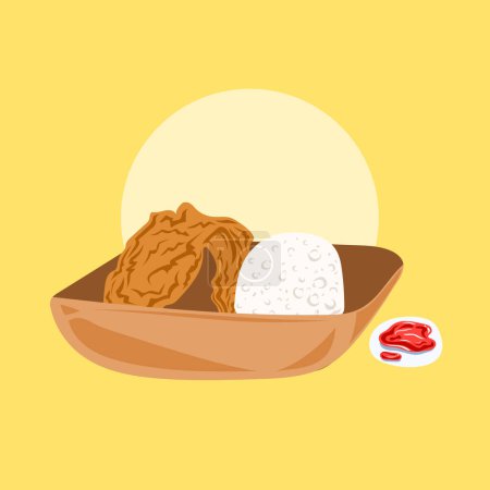 Ensemble de repas de poulet frit avec du riz et du condiment de sauce chili chaud dans un bol en papier. Illustration vectorielle alimentaire isolée sur fond jaune carré. Dessin dessin animé plat simple style art.
