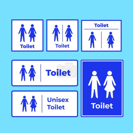 Blue and white unisex men women and gents ladies toilet sign age icon vector illustration set bundle isolated on square background. Simple flat doodle drawing collection.