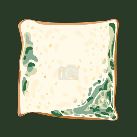 Moldy bread. Rooten and expired white dry bread with green mushroom fungi vector illustration isolated on square dark background. Simple flat cartoon art styled drawing.