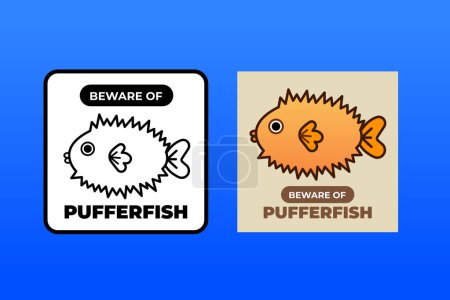 Illustration for Beware of pufferfish poisonous fish sign age poster sticker vector illustration graphic design set group bundle. Simple flat cartoon aquatic sea animals drawing. - Royalty Free Image