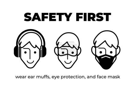 Las orejeras, las gafas de protección ocular y la seguridad de la máscara facial requieren una ilustración vectorial de iconos de señalización aislada sobre un fondo blanco horizontal. Dibujo plano simple de dibujos animados.