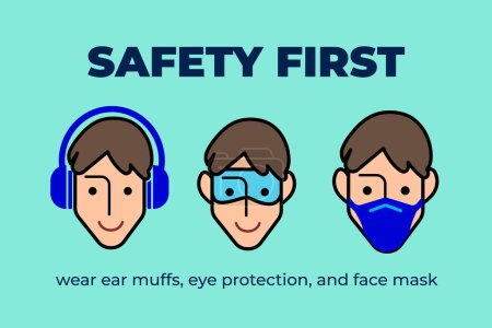Colored ear muffs, eye protection glasses, and face mask safety required signage icon vector illustration isolated on horizontal background. Simple flat cartoon drawing.