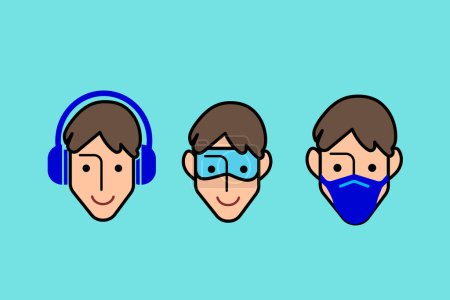 Colored safety first set face icons. ear and eye protection plus face mask sign icon vector illustration outlined isolated on horizontal blue green background. Simple flat cartoon drawing.