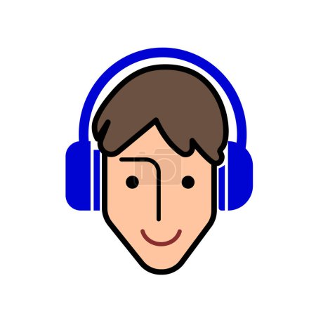 Safety first face hearing protection ear muffs. Customer service person wearing headset. Colored outlined vector illustration isolated on square white background. Simple flat cartoon drawing.