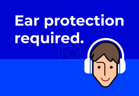 Protección de las orejeras requeridas señalización edad cartel diseño vector ilustración aislado sobre fondo azul horizontal. Diseño gráfico de seguridad plana simple cartel dibujo de dibujos animados.