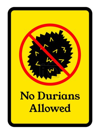 No durians allowed. Fruit with strong smell illustration icon sign with red cross isolated on vertical yellow background. Simple flat signage drawing.