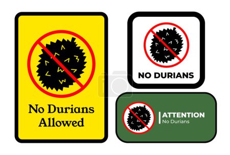 No Durians sign age banner poster stickers illustration set collection bundle group. Simple flat signage drawing.