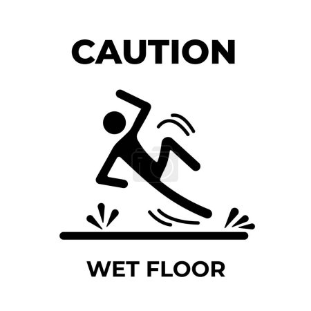 Black and white caution wet floor sign age banner icon illustration isolated on square white background. Simple flat poster graphic design for prints.