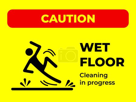 Caution wet floor cleaning in progress sign age banner poster illustration isolated on horizontal yellow background. Simple flat poster graphic design for prints.