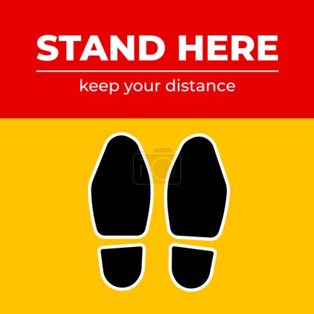 Stand here, keep your distance. Social distancing foot prints for sticker sign age floor banner illustration isolated on square yellow and red background. Simple flat graphic design for prints drawing