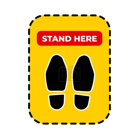 Stand here social distancing foot prints for sticker sign age floor banner illustration isolated on vertical yellow background. Simple flat graphic design for prints drawing.
