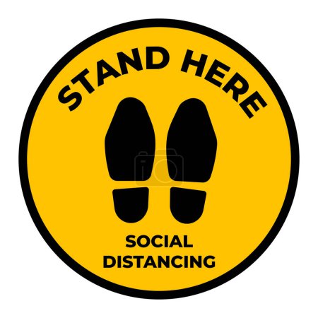 Stand here social distancing foot prints for sticker sign age floor banner illustration isolated on yellow circle background. Simple flat graphic design for prints drawing.