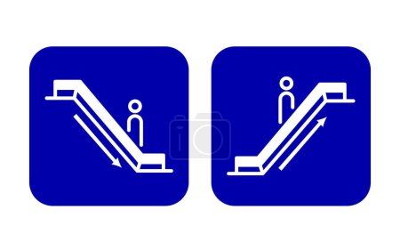 Blau-weiße Rolltreppen hinauf und hinunter signalisieren Alter Banner Illustration isoliert auf quadratischem Hintergrund. Einfache flache Plakatbanner-Zeichnung für Drucke.
