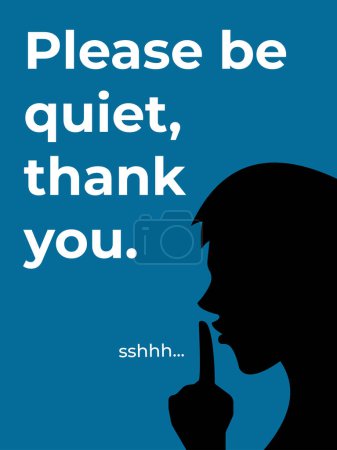 Illustration for Please be quiet poster sign banner silhouette illustration isolated on vertical blue background. Simple flat whisper poster drawing for prints. - Royalty Free Image
