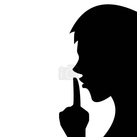 Illustration for Man from side view with hand finger in front of mouth. Ssshhh please be quiet shadow silhouette illustration isolated on white background. Simple flat whisper poster drawing for prints. - Royalty Free Image