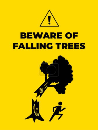 Beware of falling trees caution banner sign illustration isolated on vertical yellow background. Simple flat poster drawing for prints.