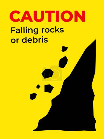 Vorsicht Steinschlag oder Geröll Banner Verkehrszeichen Illustration isoliert auf vertikalen gelben Hintergrund. Einfaches flaches Erdrutschkatastrophen-Plakatdesign für Druckzeichnungen.