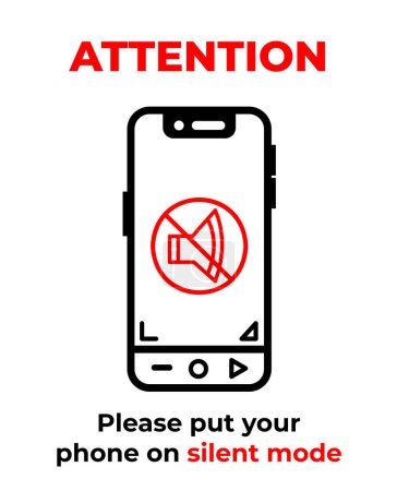 Please put your phone on silent mode with audio mute sign banner illustration isolated on vertical white background. Simple flat cartoon styled drawing for poster prints or social media graphic design