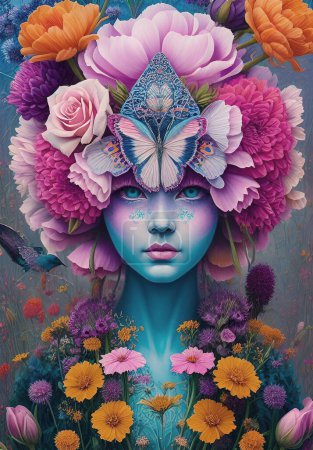 Foto de Hermosa cara de mujer con cabeza de flor, concepto creativo - Imagen libre de derechos