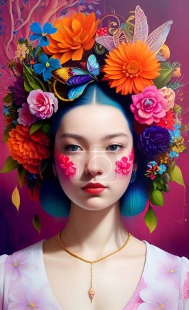Téléchargez les illustrations : Belle femme avec des fleurs et des feuilles sur la tête. portrait de mannequin - en licence libre de droit