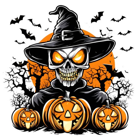 Photo for Vector happy halloween party poster with pumpkins, bat, witch, skull, pumpkin, skull, hat, hat, pumpkin and leaves on a background - Royalty Free Image
