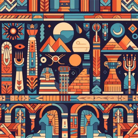 Photo for Discover the timeless charm of Egypt with our stunning "Egypt Seamless Pattern." This meticulously crafted design captures the essence of Egypt's rich cultural heritage, blending iconic elements such as pyramids, hieroglyphics, camels, and lotus flow - Royalty Free Image