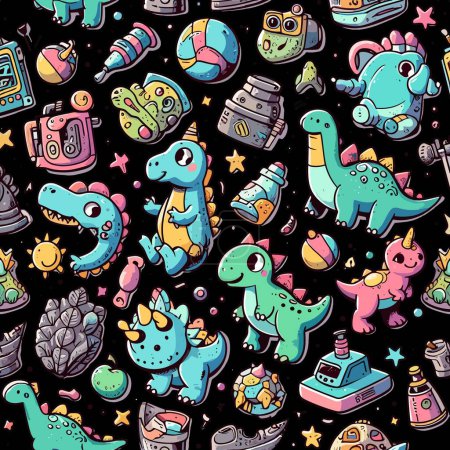 Photo for Dive into the adorable world of our Cute Dino Fiesta! This lively and whimsical cartoon pattern features a collection of charming dinosaurs in funny poses and vibrant colors. - Royalty Free Image
