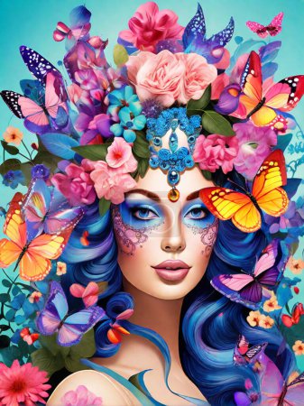 Photo for Beautiful woman with butterfly, flowers and butterflies - Royalty Free Image