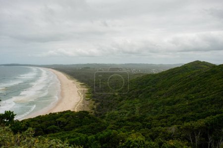 Una amplia vista panorámica captura la serena belleza de la playa bordeada de vegetación de Byron Bay en un día nublado, como se ve desde la cima de la colina