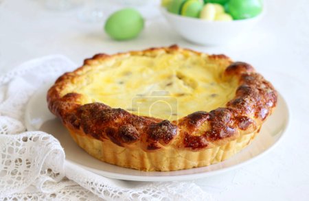 Photo for Concept of Romanian food. Traditional Easter cake with cheese - Pasca. Easter decorations. Easter holiday. Directly above. - Royalty Free Image