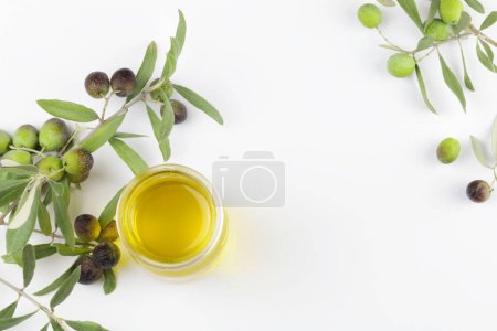 Téléchargez les photos : Olives fraîches et huile d'olive sur fond blanc. Concept de nature et d'aliments sains, sains et naturels. Vue aérienne. Espace de copie. - en image libre de droit