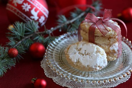 Photo for Ricciarelli pastries, typical Sienese Christmas sweet made with almond on white background. Christmas decorations. Traditional Italian desserts. - Royalty Free Image