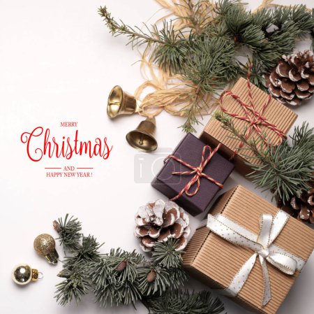 Photo for Merry Christmas Greetings card. Christmas decorations and Merry Christmas text. Holiday season. - Royalty Free Image