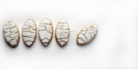 Photo for Ricciarelli pastries, typical Sienese Christmas sweet made with almond on white background. Christmas decorations. Traditional Italian desserts. Copy space. - Royalty Free Image