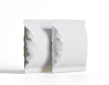 Plastic Snack Bag Attrappe, White Potato Chips Container, 3D Rendering isoliert auf weißem Hintergrund