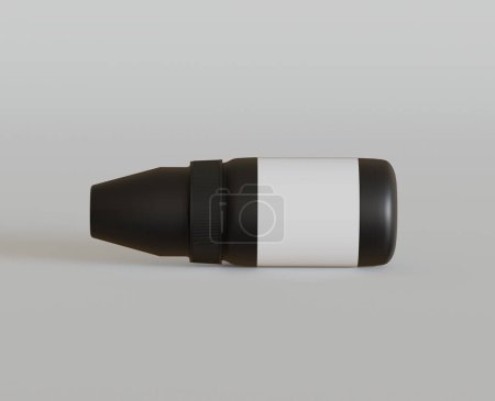 Bernstein Tropfer schwarze Flaschenattrappe auf grauem Hintergrund, 3D-Rendering. 3D-Illustration