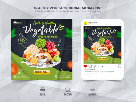 Téléchargez les illustrations : Aliments sains et légumes médias sociaux et instagram post banner template design - en licence libre de droit